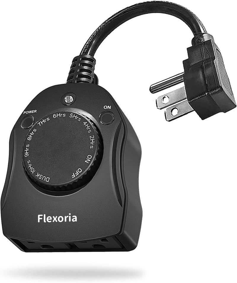 Flexoria Outdoor Timer Outlet Waterproof, Dusk to Dawn Light Sensor Timer, 2 Grounded Electrical Outlets for Christmas Lights, 15A/1875W, ETL Listed (1 Pack) - Image 1